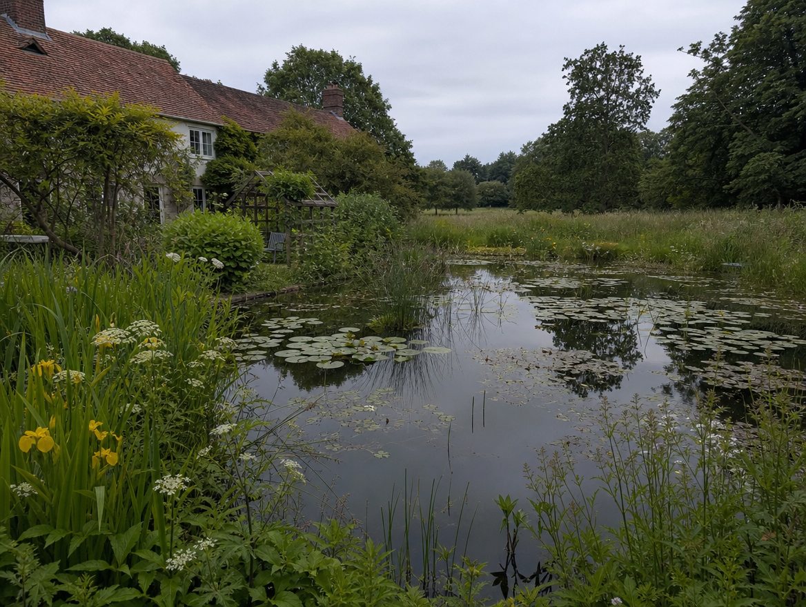 Wildlife pond with irises in flower along the shallow margin