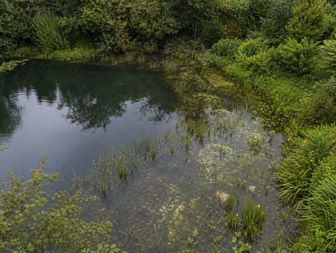 Planted margins of a swimming pond, showing the regeneration zone