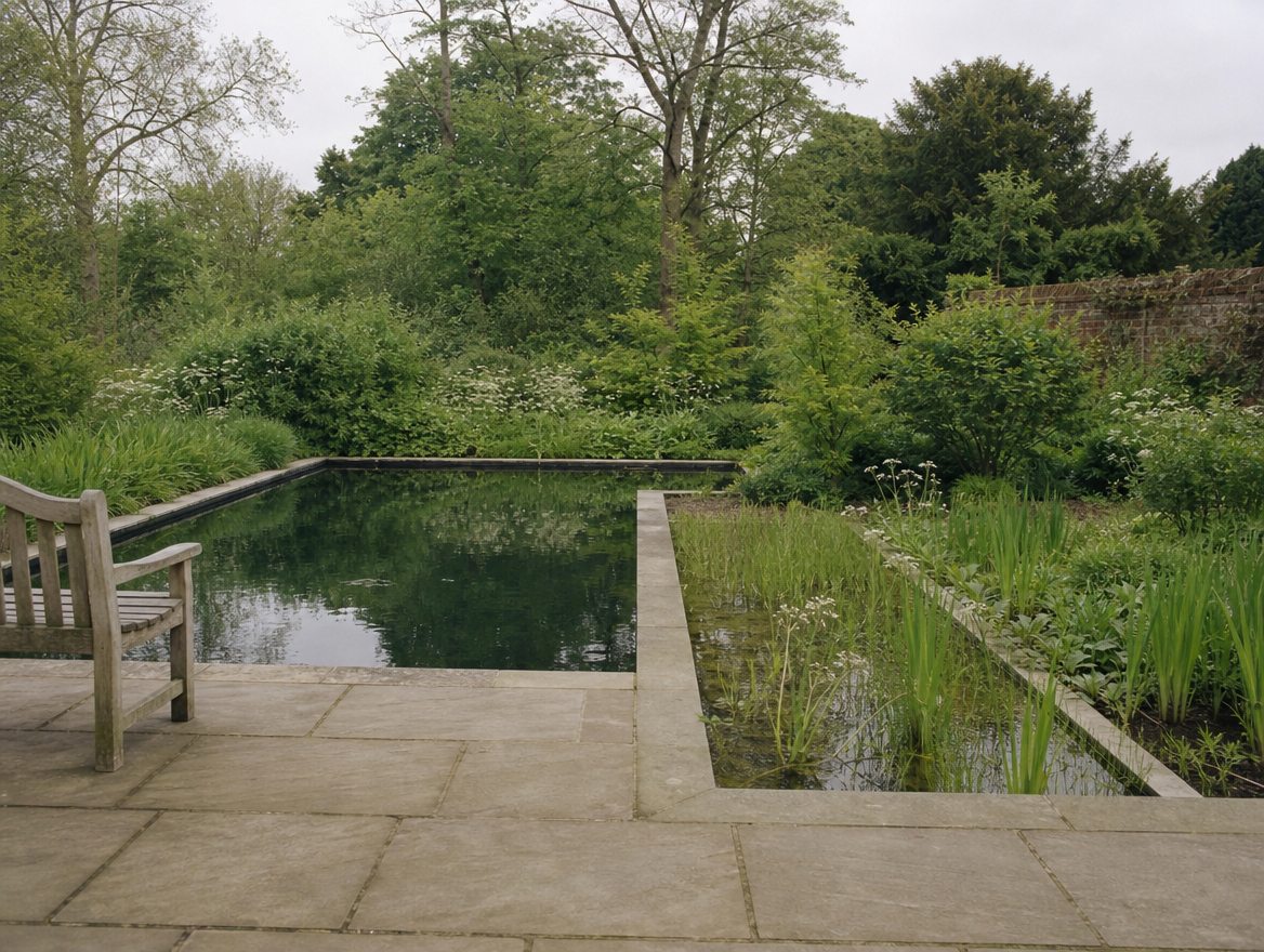 Swimming pond at dawn with an oak jetty over dark, still water