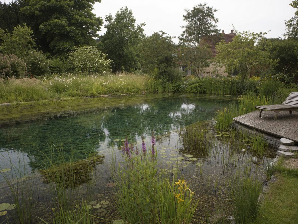 Reeds and water lilies in a planted regeneration zone