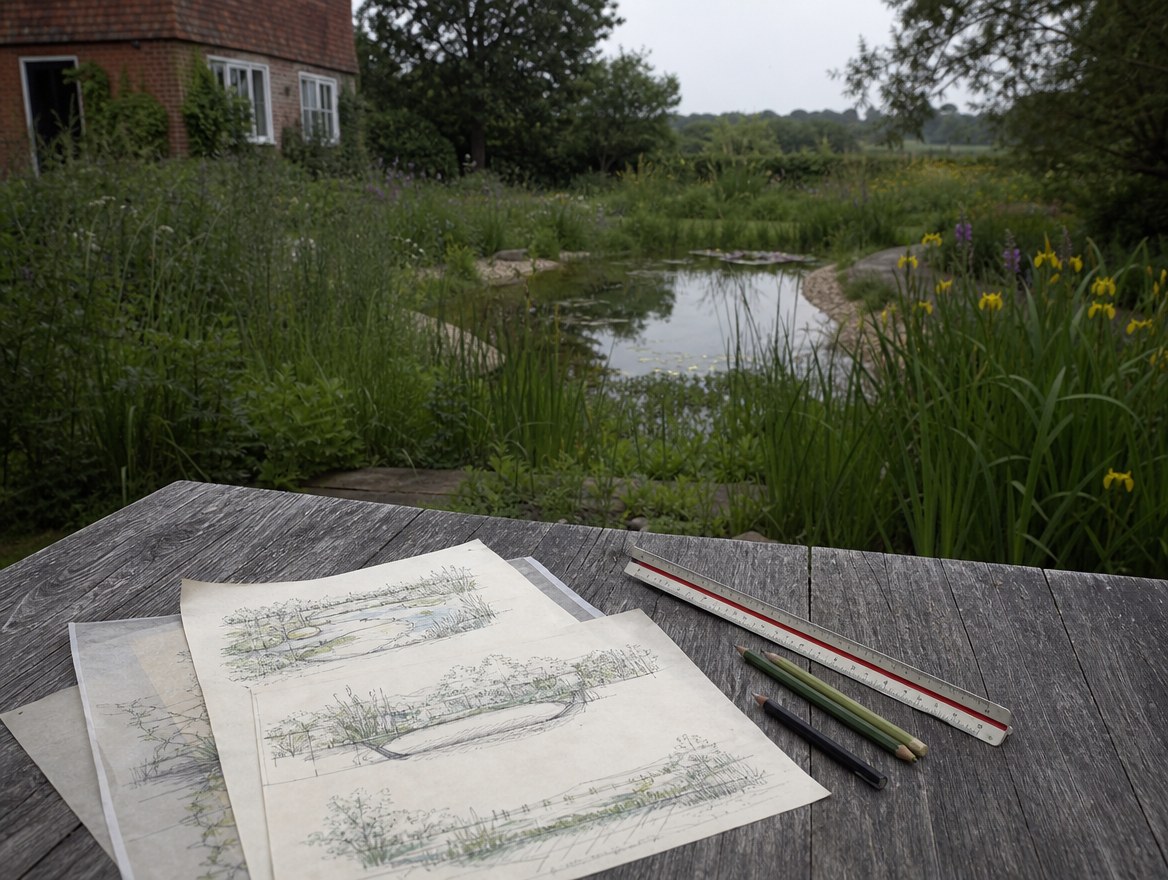 Oak deck meeting the water, with lilies against the edge