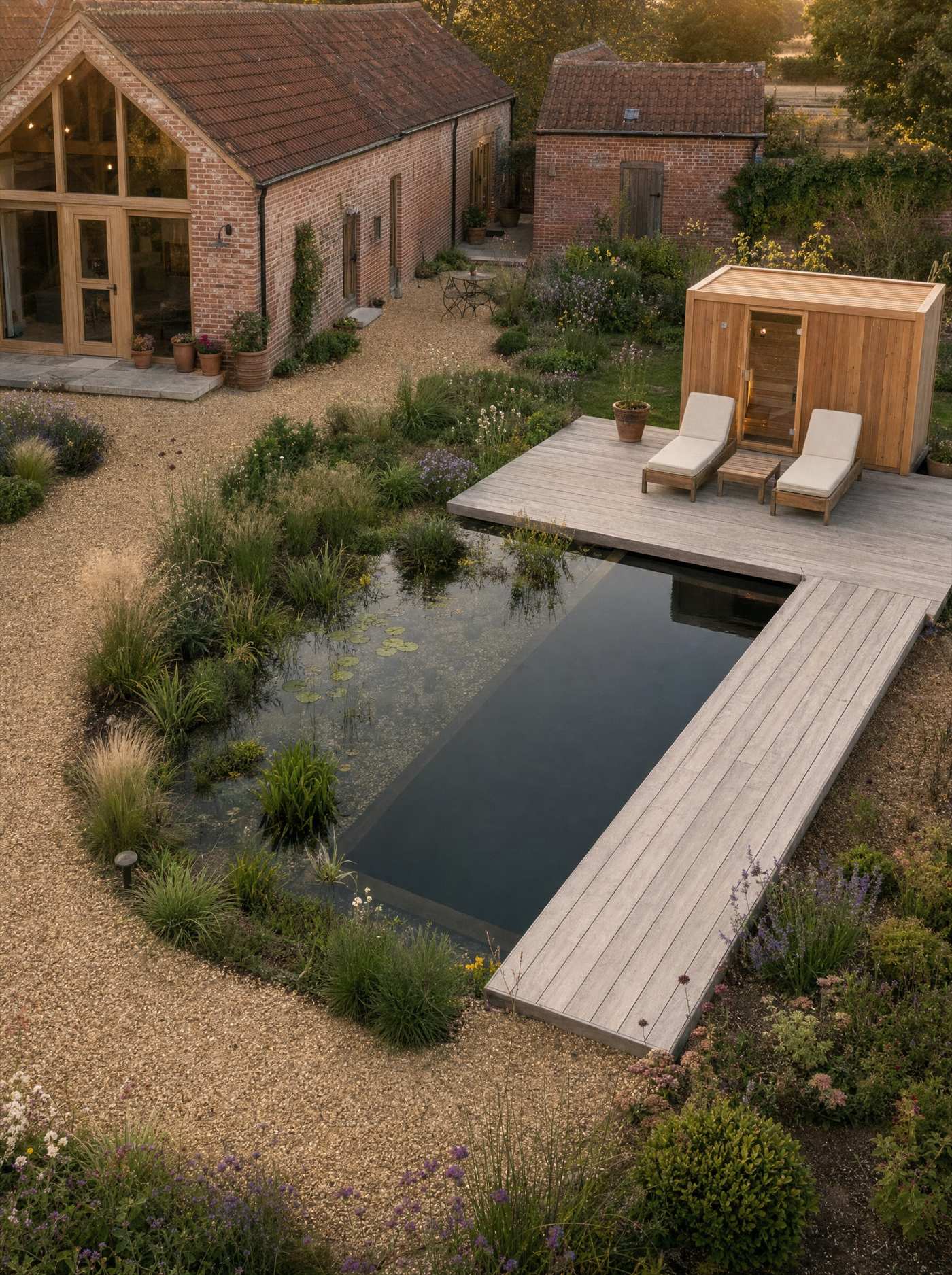 A long formal pool on a misty morning, with the house and hedging mirrored in the water