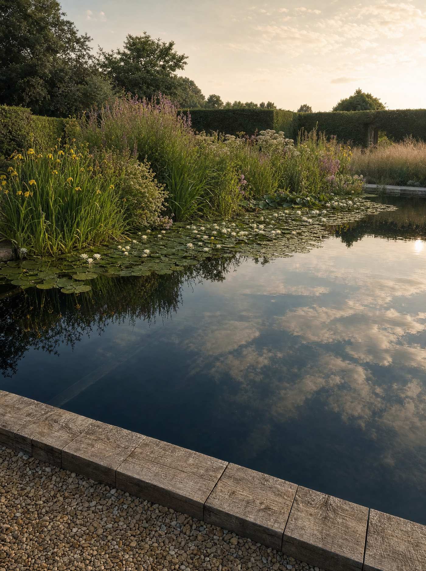 A swimming pond reflecting a manor house, with timber decking and planted margins