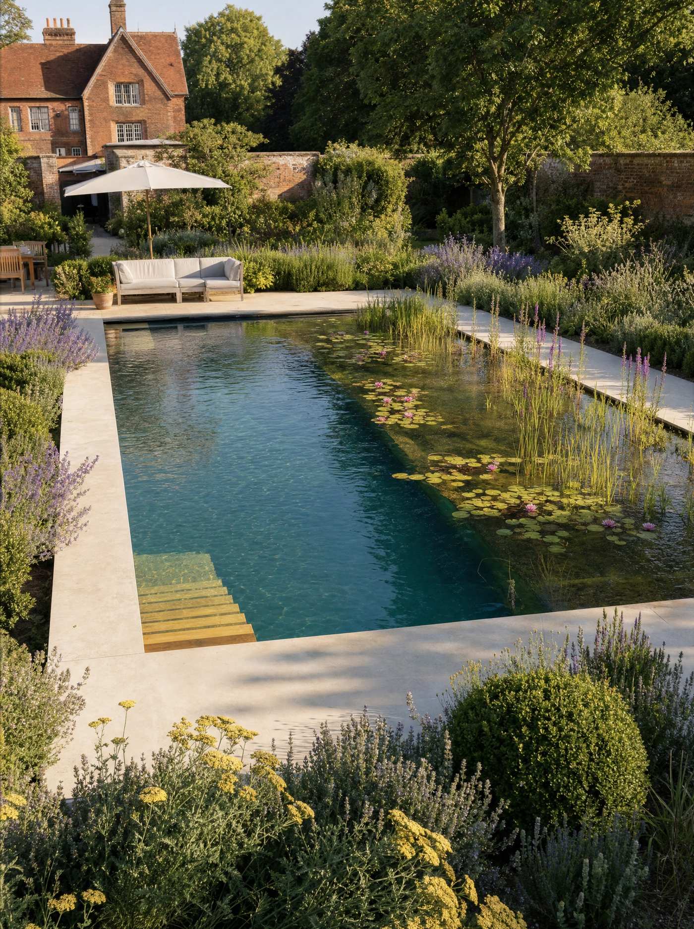 A gravel path and ornamental grasses leading past a natural pool towards a red brick manor house