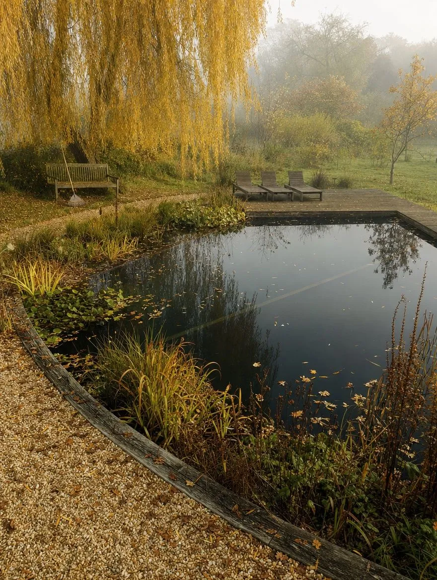 Oak deck and water lilies at the edge of a natural pool