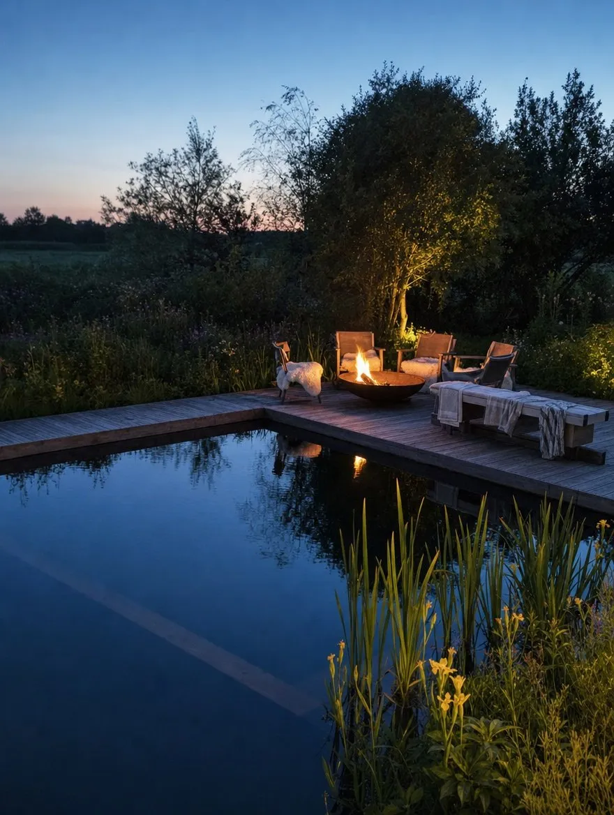 A wood-fired sauna cabin lit at dusk beside a cold plunge pool