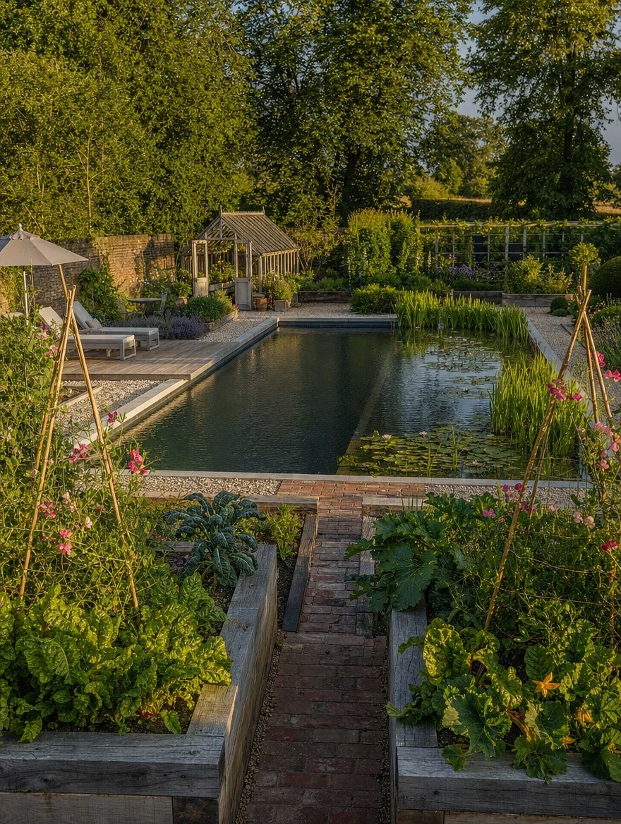 Natural pool design drawings and site plans laid out on a table