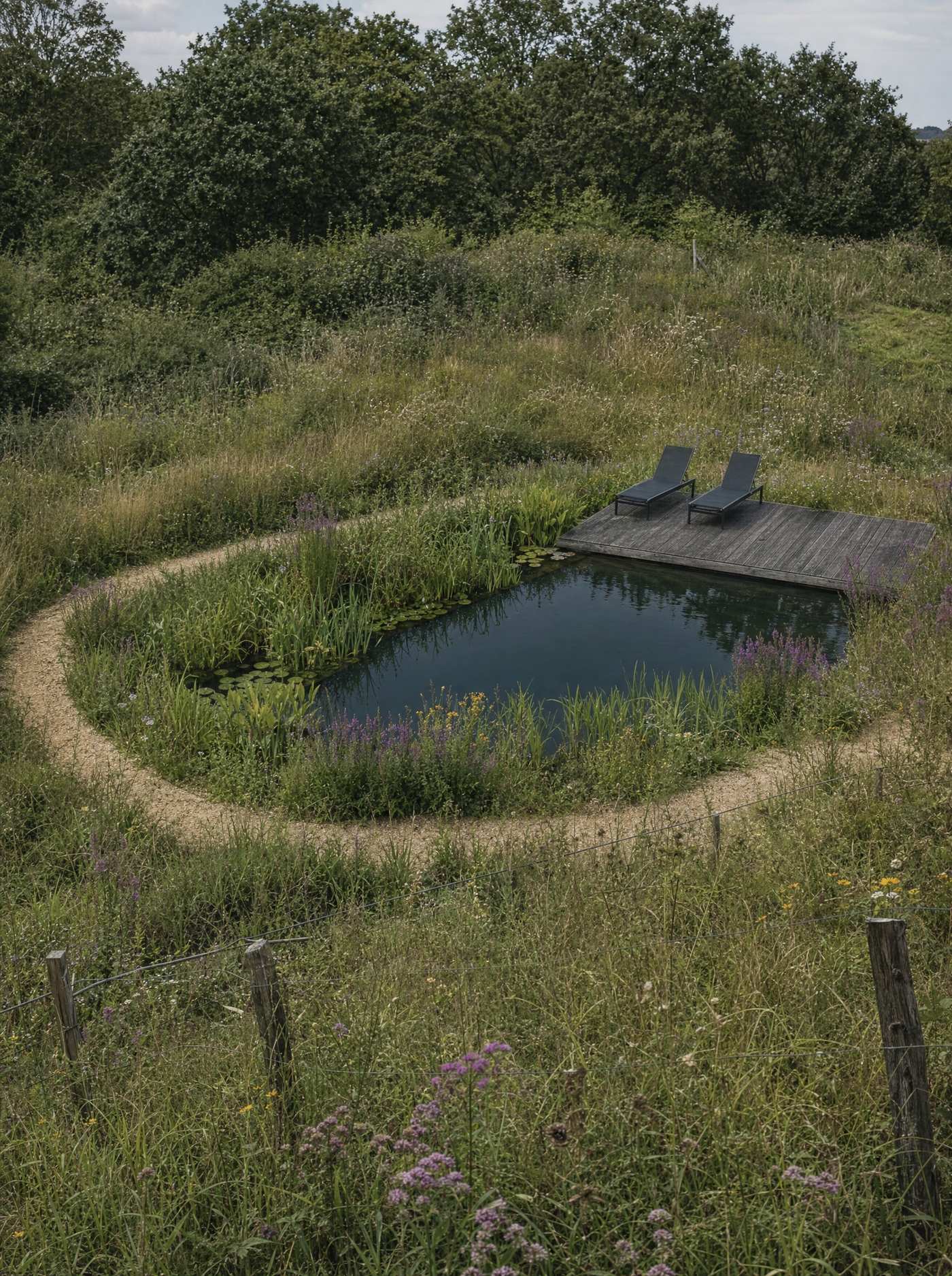 Swimming pond with densely planted margins