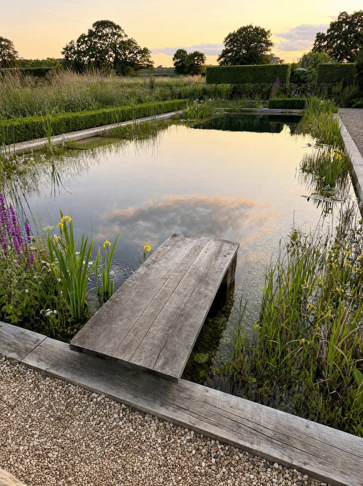 Living pool seen from above beside a paved terrace
