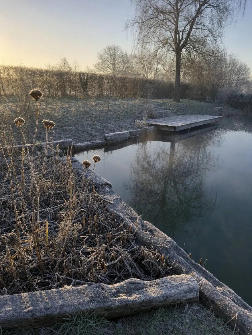 A natural bathing pool at dusk with a lit sauna standing beyond it
