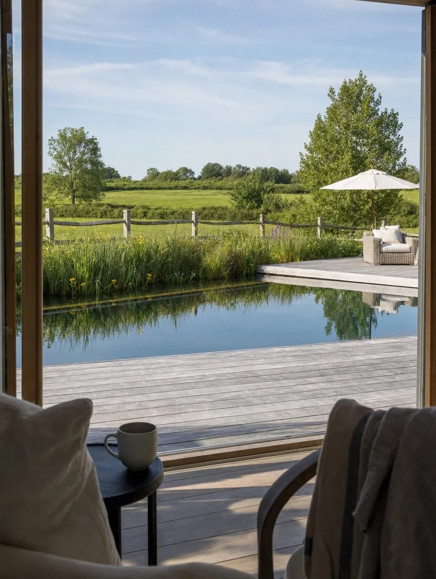 Oak deck meeting the water, with lilies against the edge