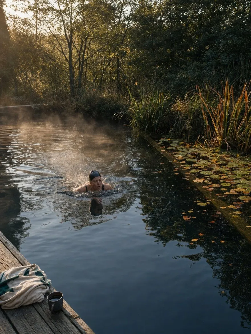 A swimming pond with timber decking and planted margins, reflecting a manor house