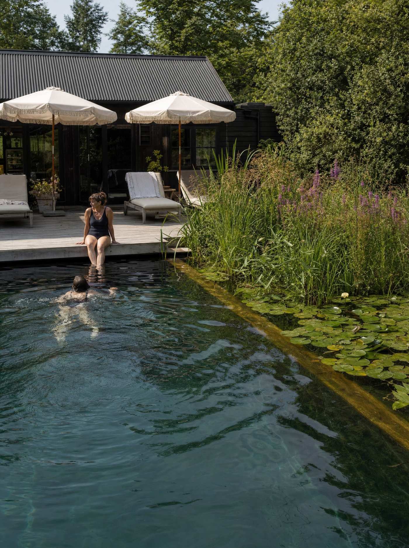 A formal natural pool with pale stone coping, reed margins and clear turquoise water
