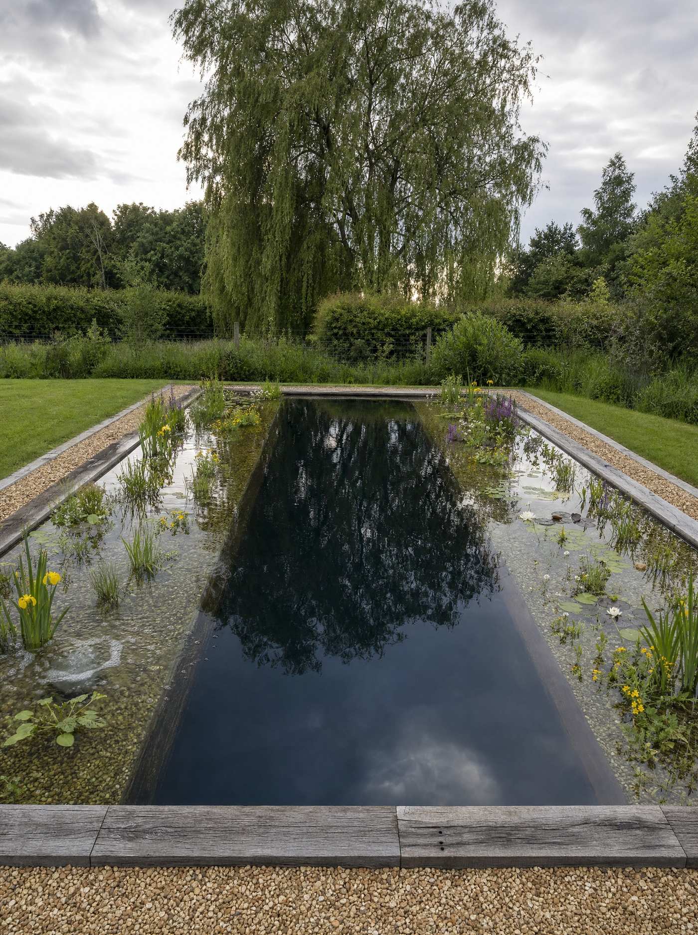 Timber decking running along the edge of a wildlife pond with native planting