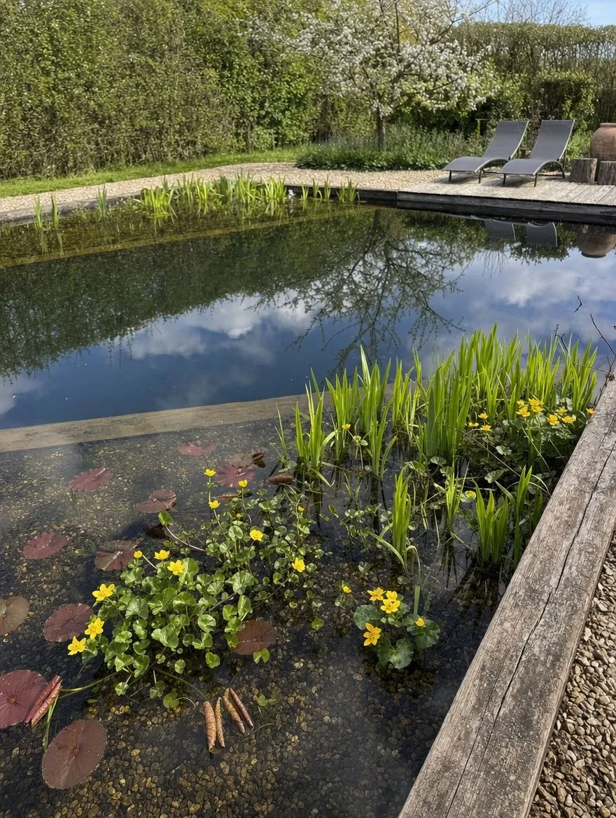 A natural swimming pond with planted margins and flowering perennials in front of a country house
