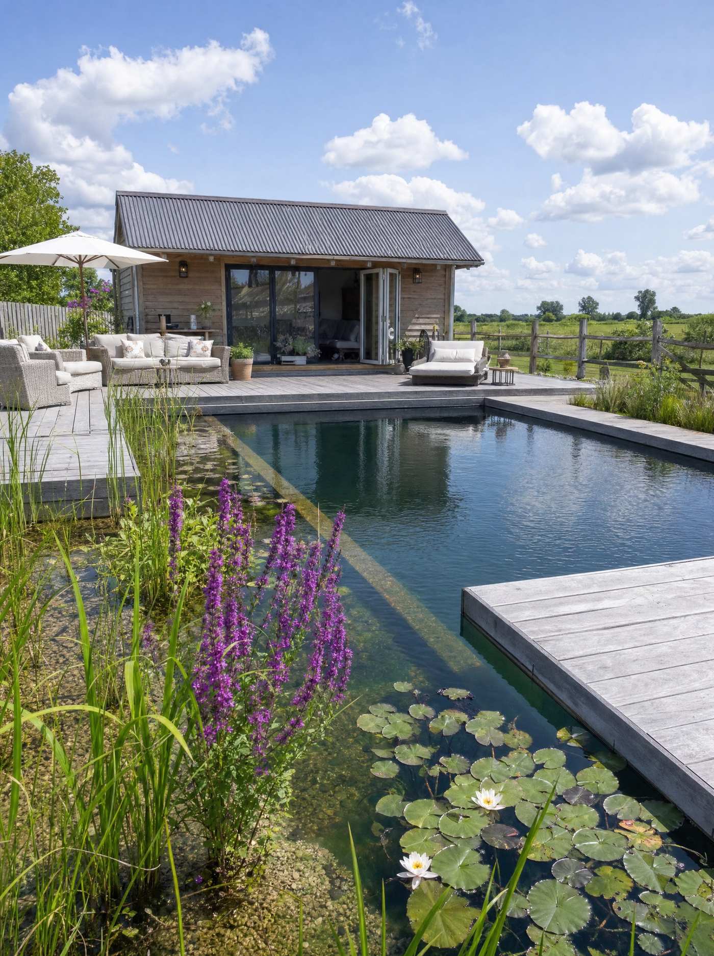 Swimming pond reflecting a manor house, with timber decking and planted margins