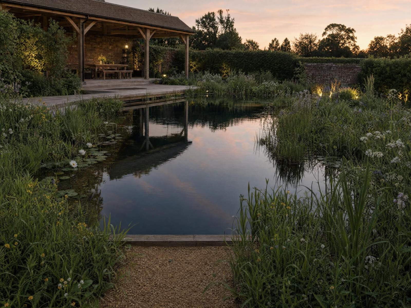 Formal swimming pool edged with stone coping