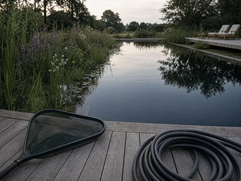 Natural pool with a gravel path and ornamental grasses beside a red brick manor