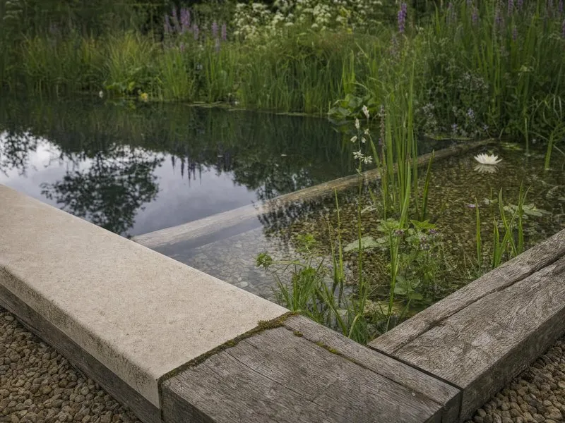 Wildlife pond edged with timber decking and native planting