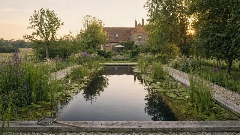 A living pool seen from above, with a stone terrace and loungers