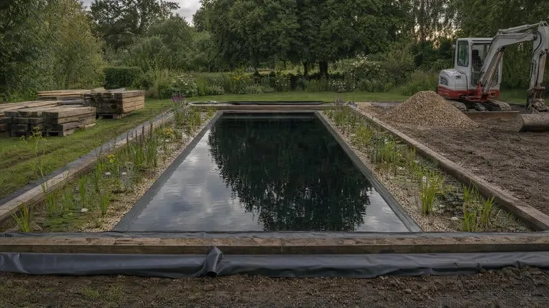 A pond edged with timber decking and native planting
