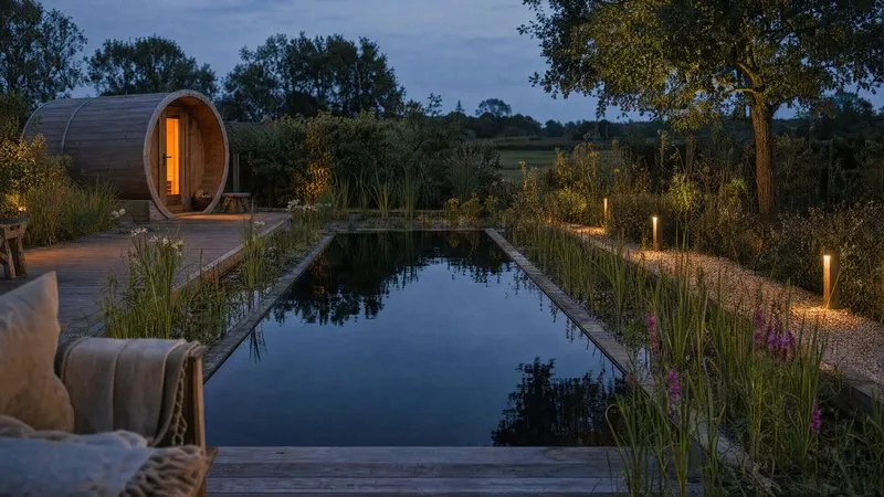 A natural bathing pool and lit sauna at dusk