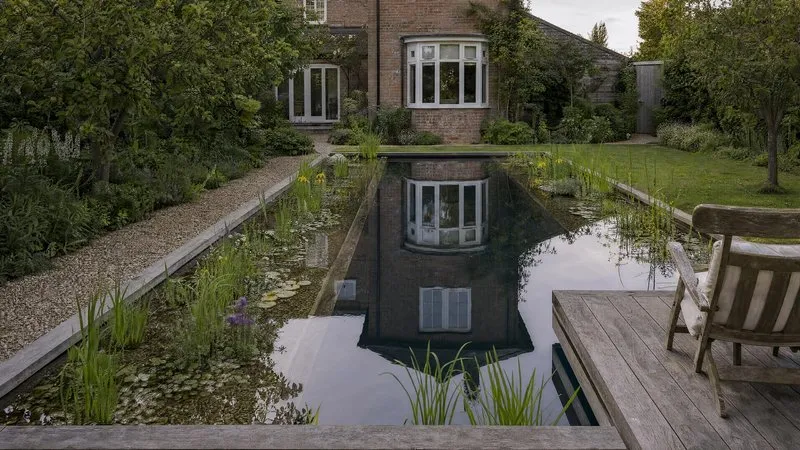 A completed natural swimming pond with planted margins and flowering perennials beside a country house