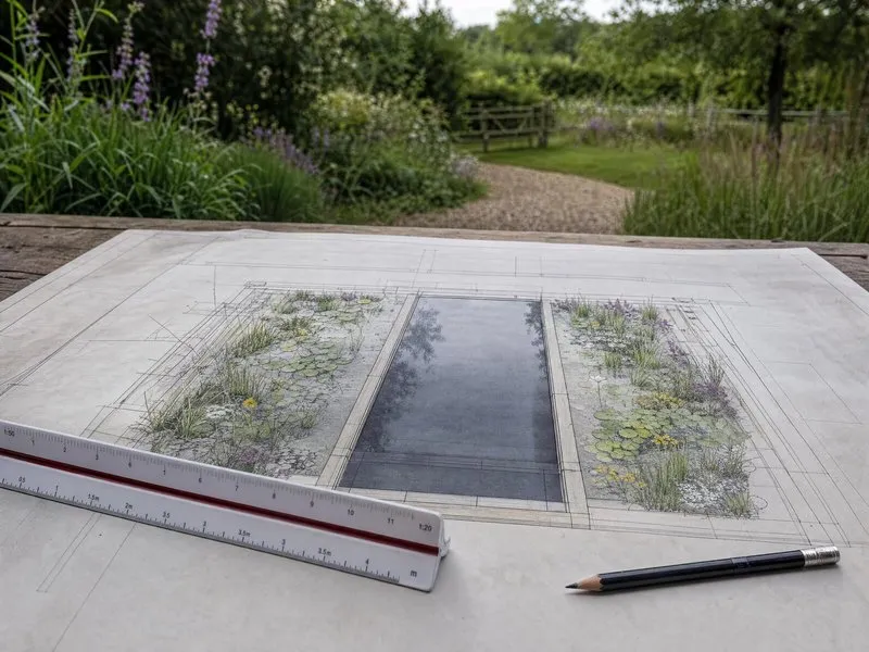 Close view of an oak deck edge with water lilies and submerged stones in the regeneration zone
