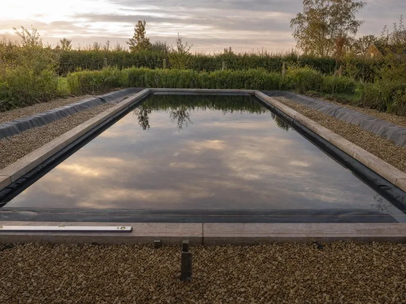 A natural swimming pool with planted margins and flowering perennials beside a country house