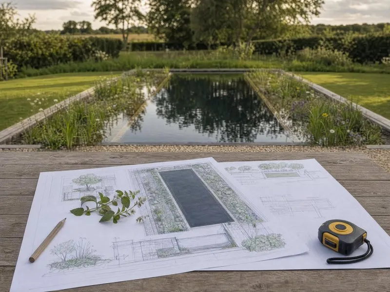 Natural swimming pond in the grounds of a manor house