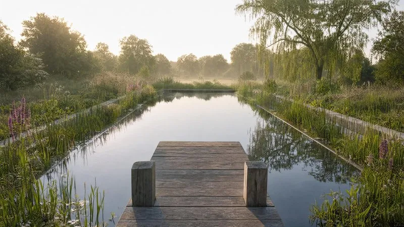 Gravel path leading to a pond beside a country house