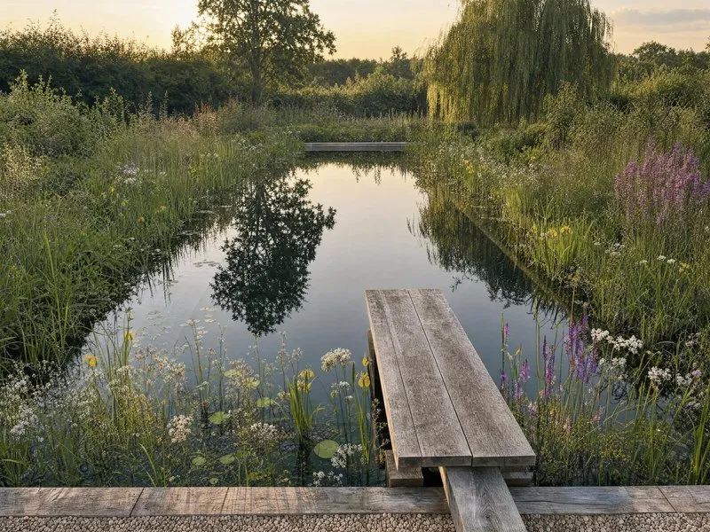 Gravel path running to a pond in a formal garden
