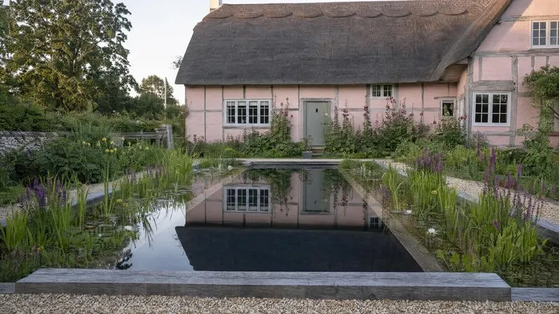 Wildlife pond with a simple timber deck
