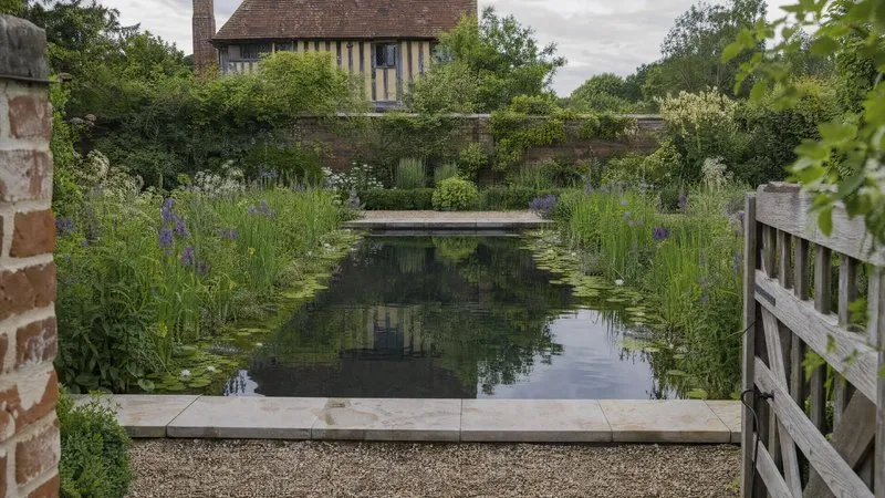 Oak deck edge beside water lilies