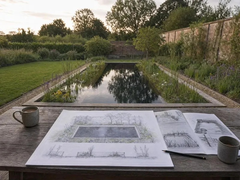A wildlife pond edged with timber decking and native planting