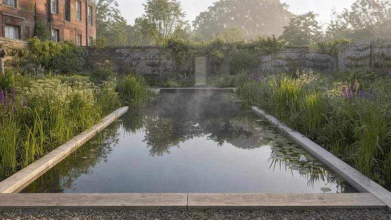 Water lilies and submerged stones showing through clear water at a timber deck edge