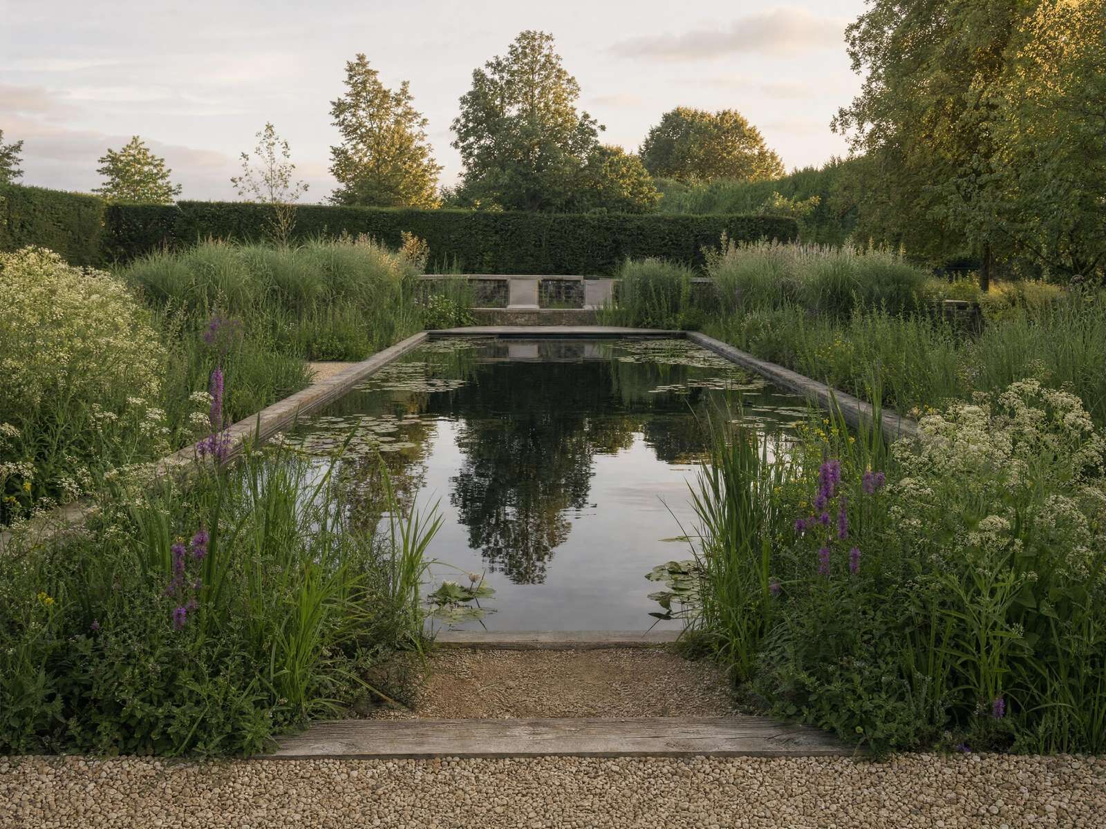 Long formal natural pool on a misty morning, with the house and hedging mirrored in the water