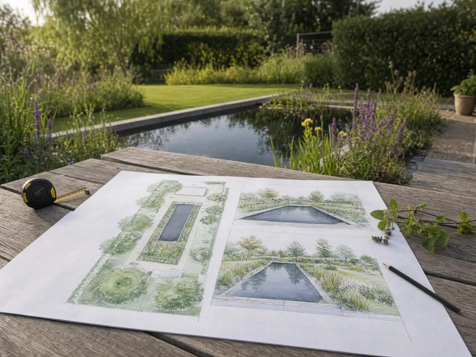 Garden design plans, drawings and a tape measure laid out on a table