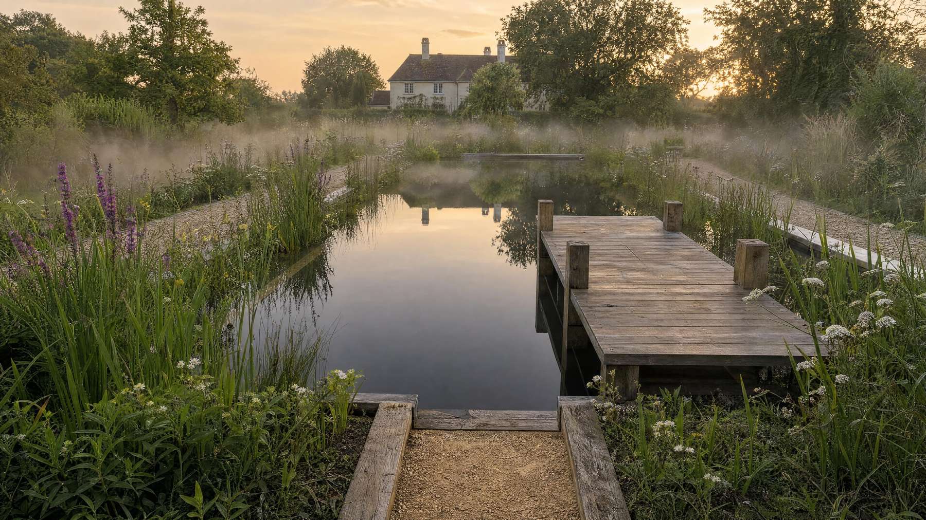 Swimming pond at dawn with an oak jetty reaching over dark, still water