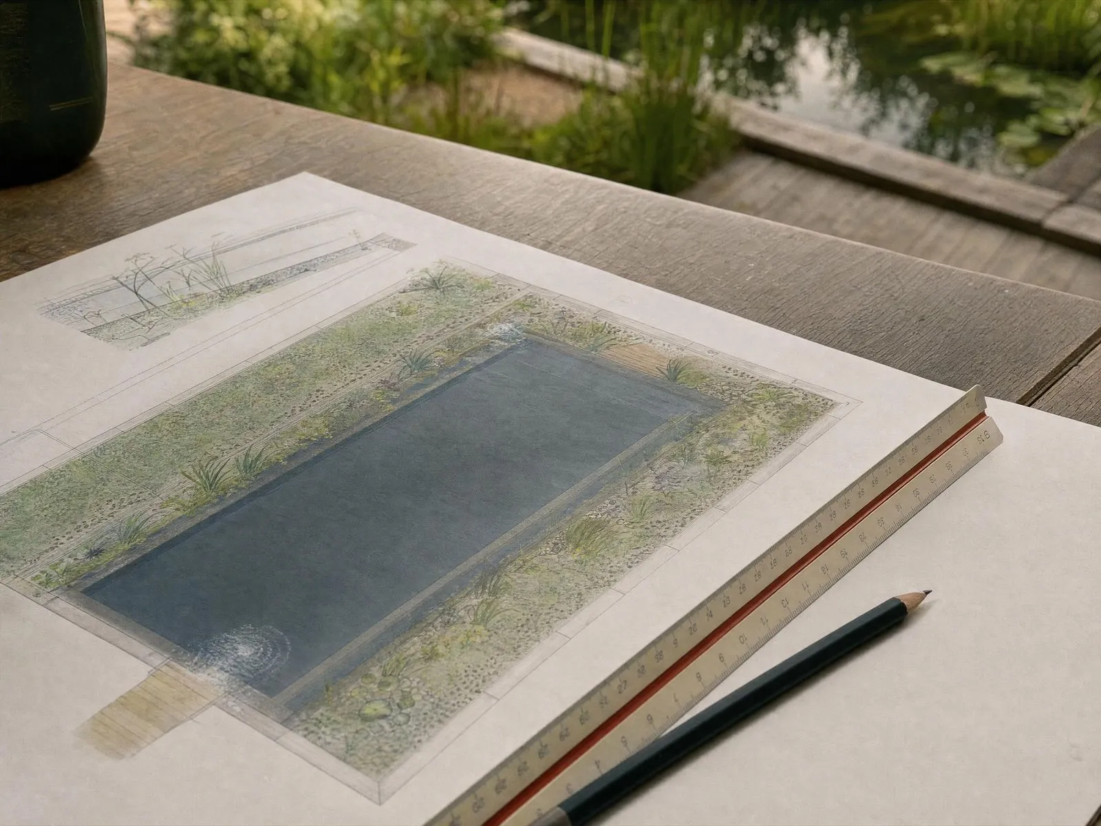 Pool design plans and drawings spread out on a garden table with a tape measure