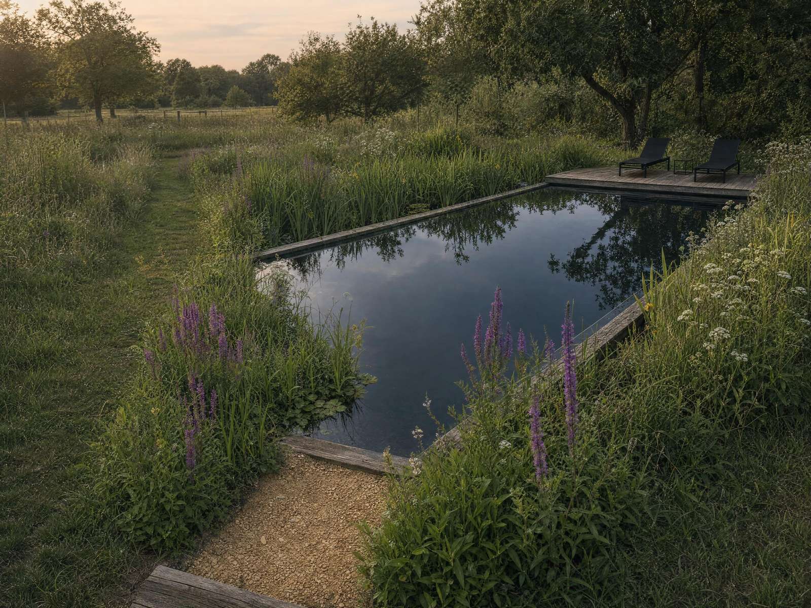 Planted natural pond with a gravel path leading towards a manor house