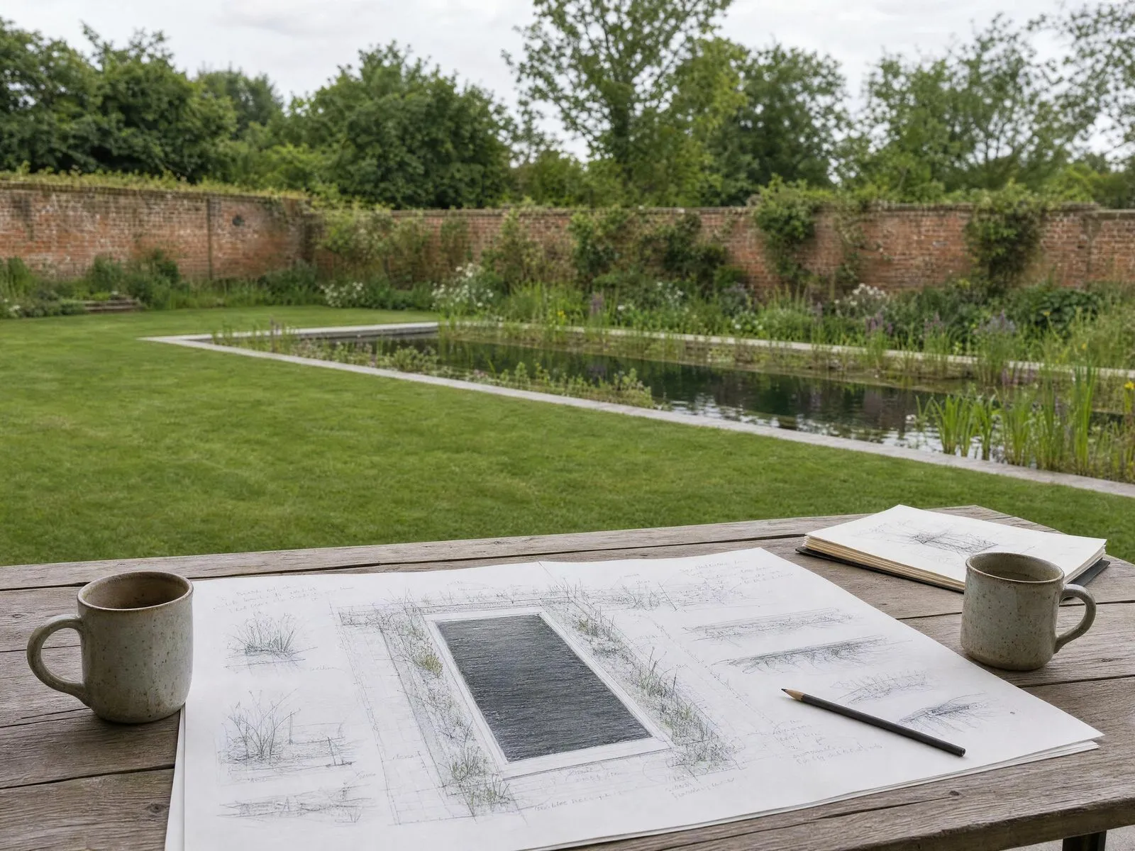 A long formal swimming pool on a misty morning, with the house mirrored in still water