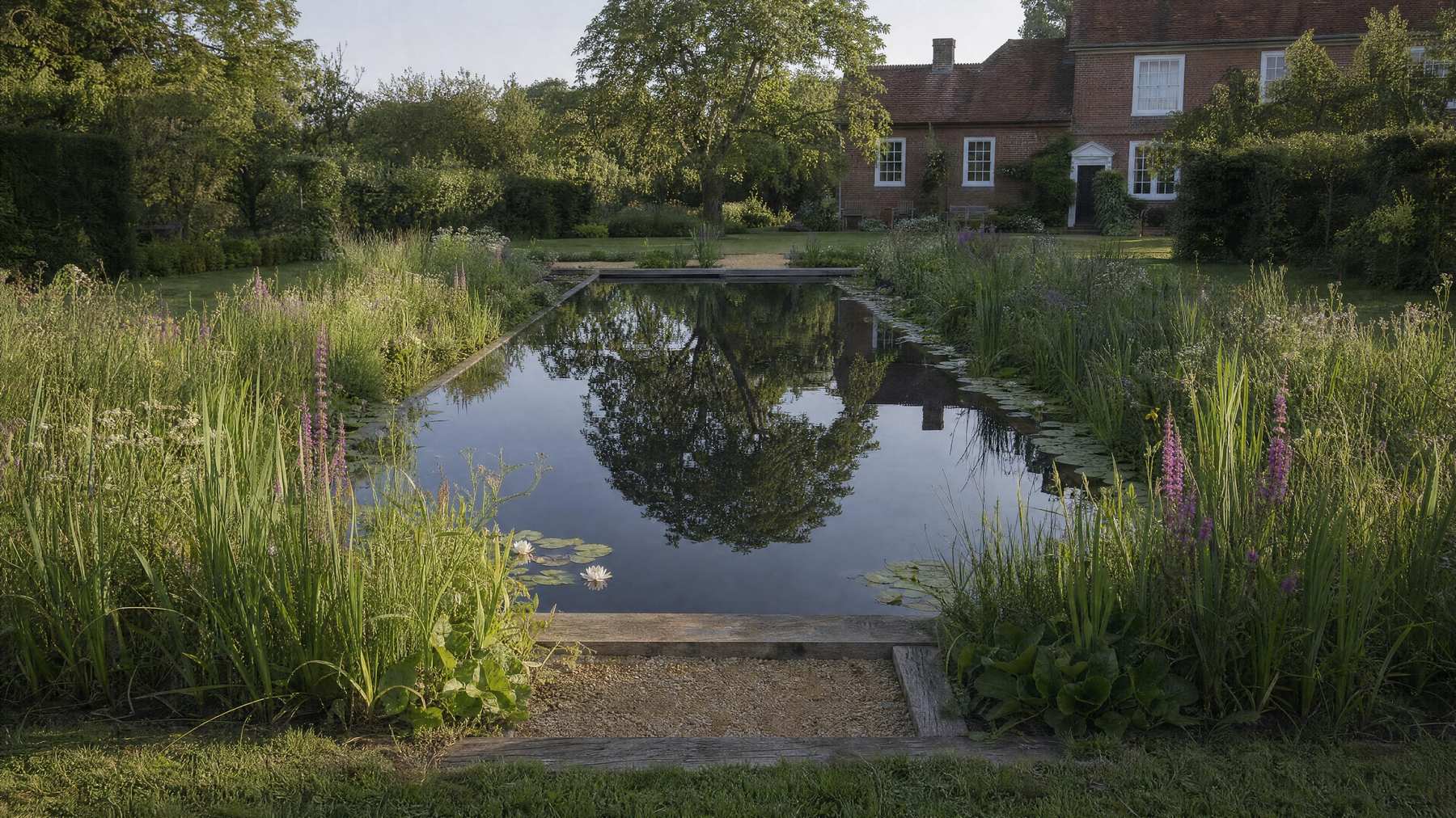 Swimming pond with planted margins in front of a period manor house