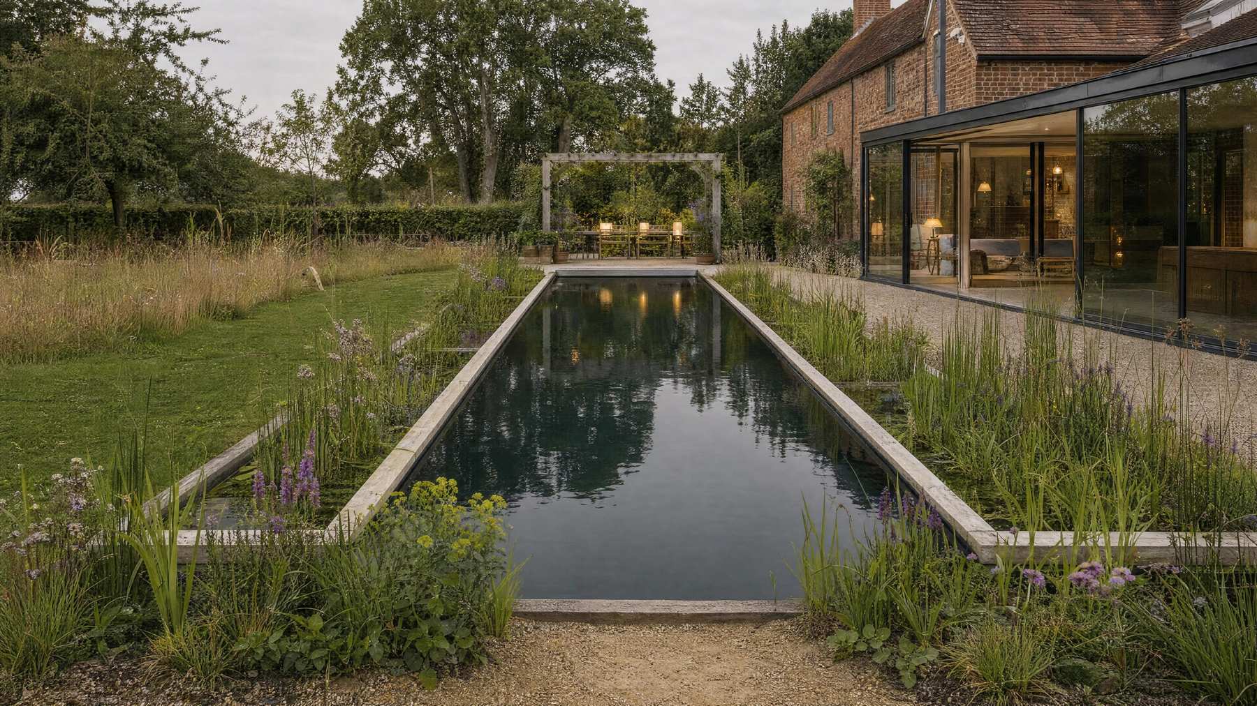A contemporary timber and glass house beside a dark living pool