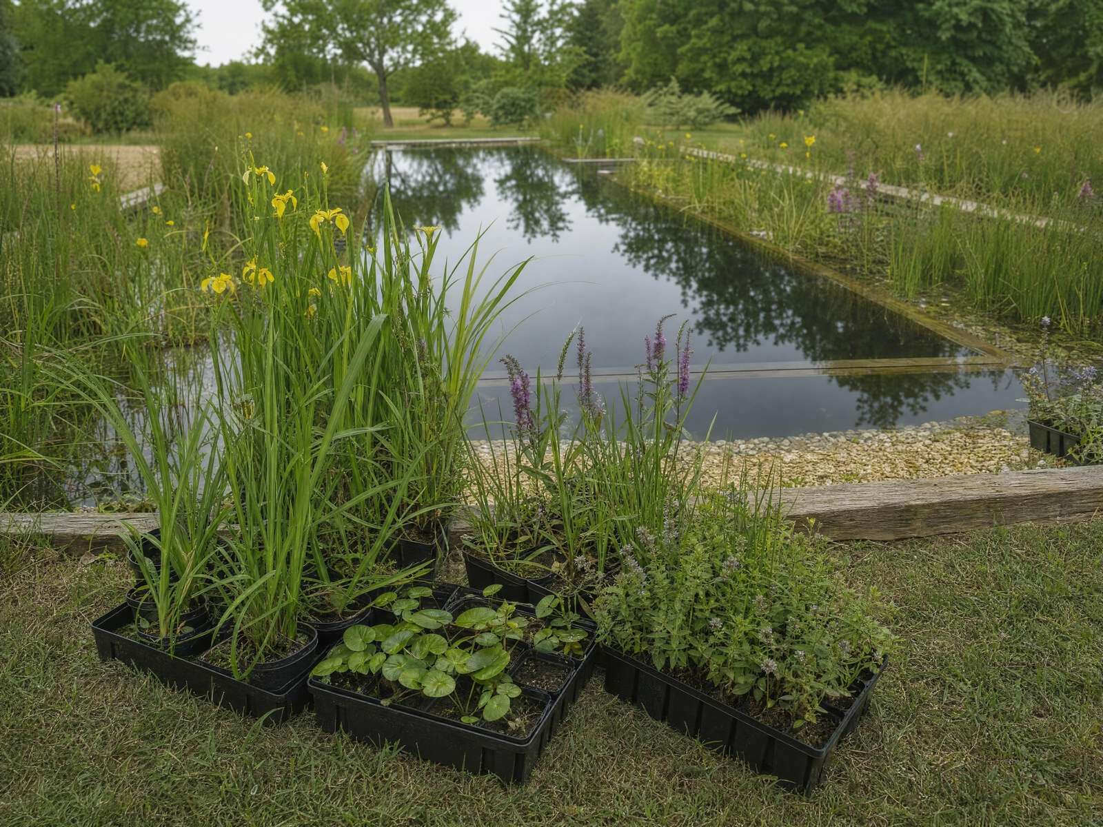 Design plans for a natural pool laid out on a table