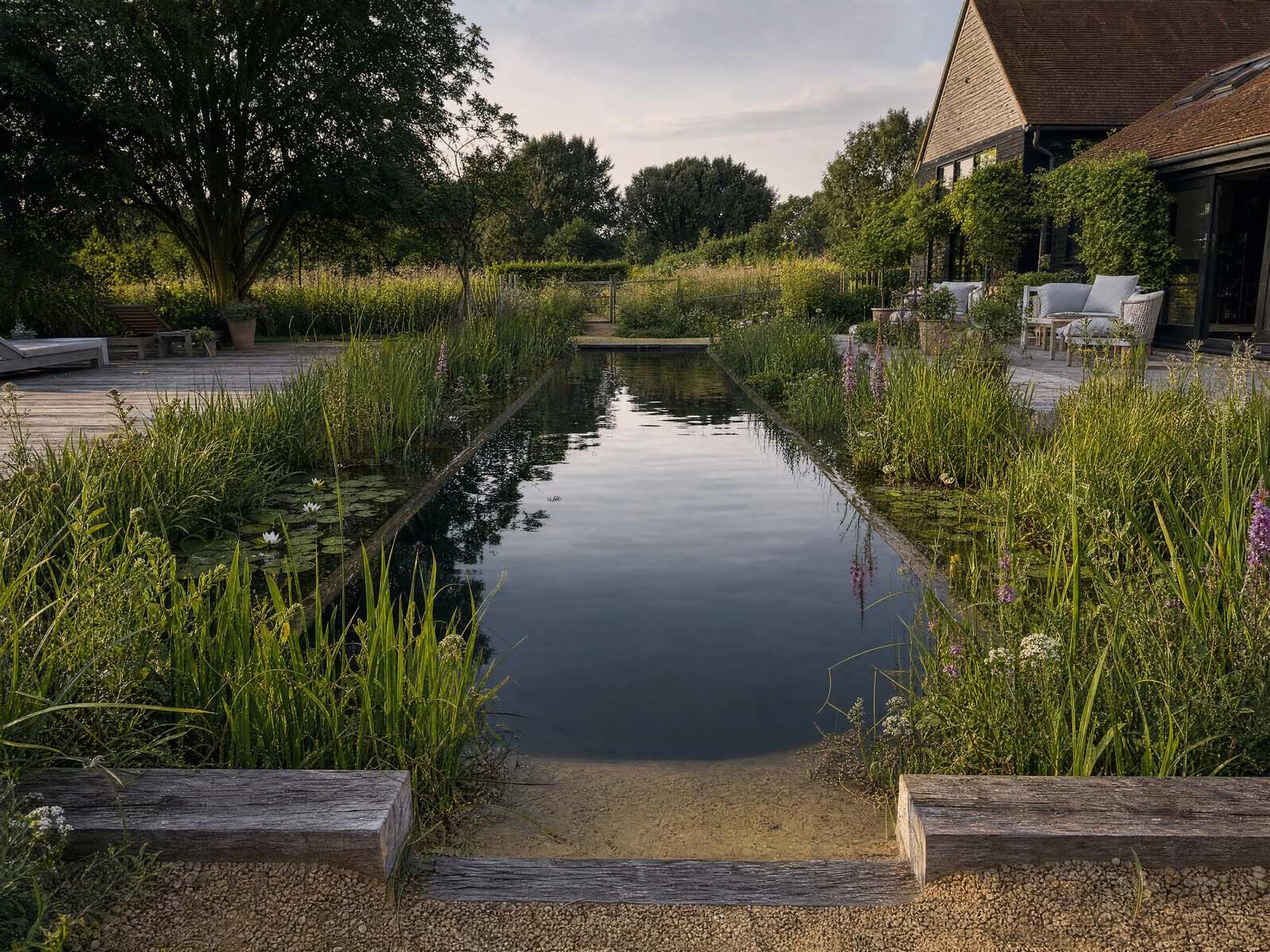 Reeds and water lilies in a planted regeneration zone