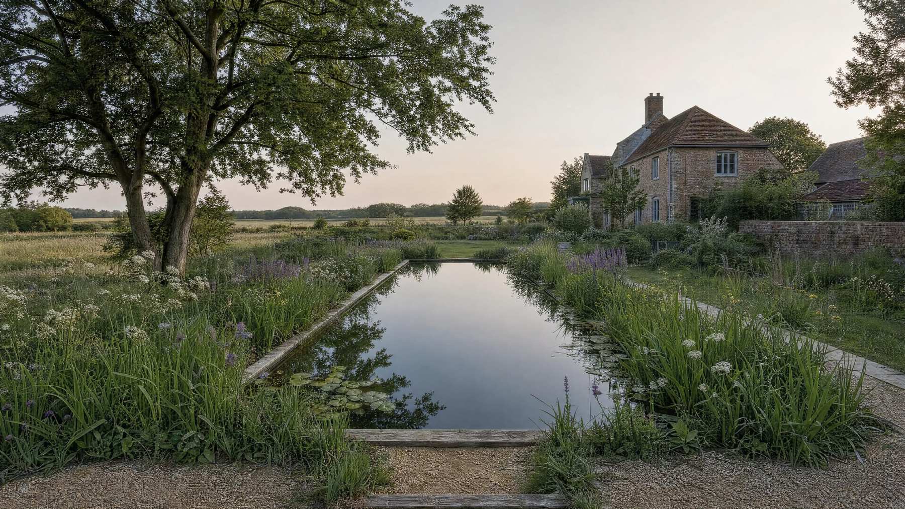 Oak deck beside water lilies