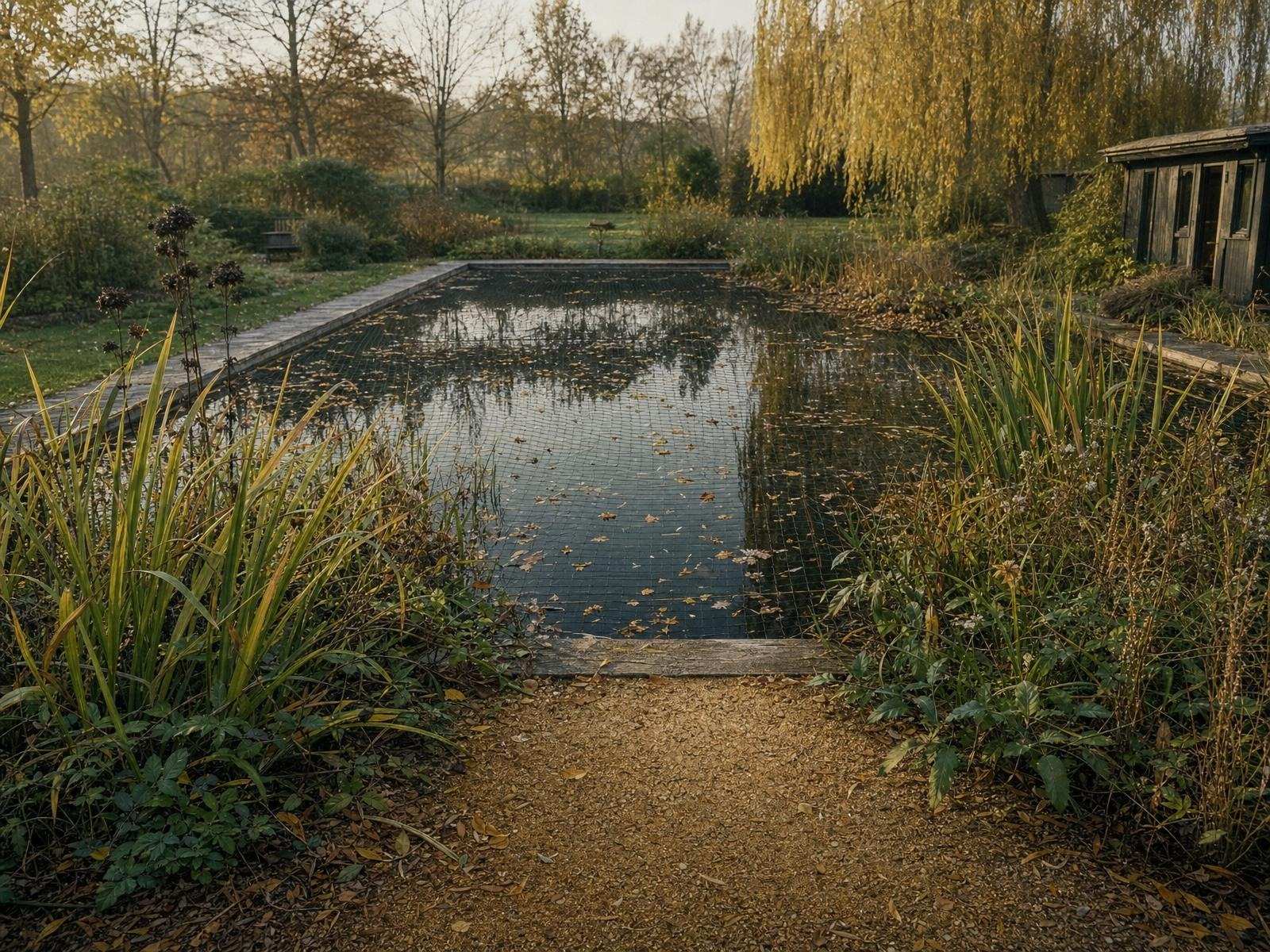 Natural swimming pond beside a gravel path through an English country garden