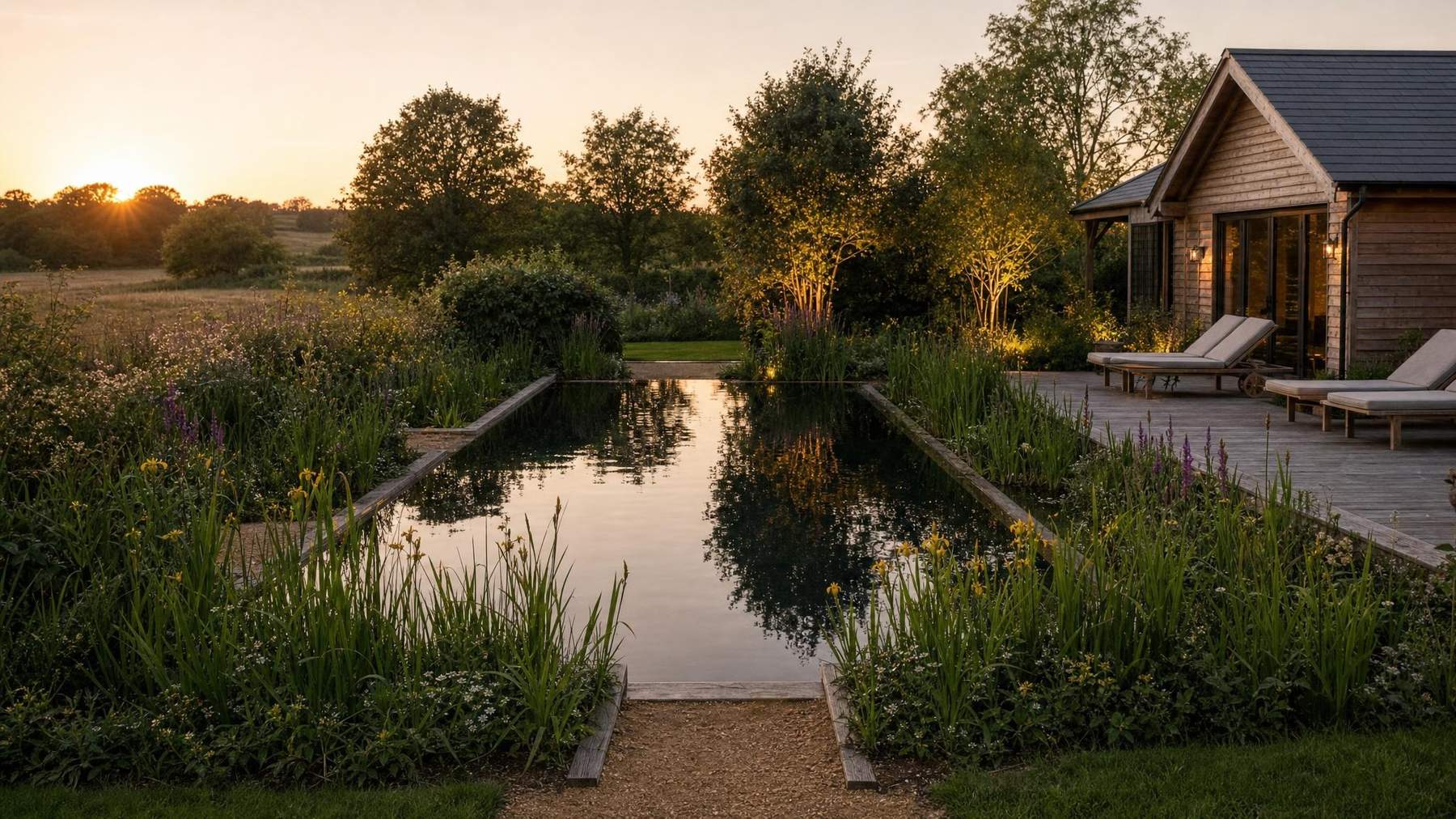 A natural bathing pool beside a timber lodge