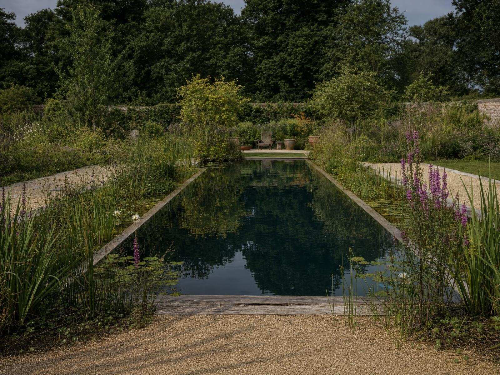 Natural bathing pool beside a timber lodge